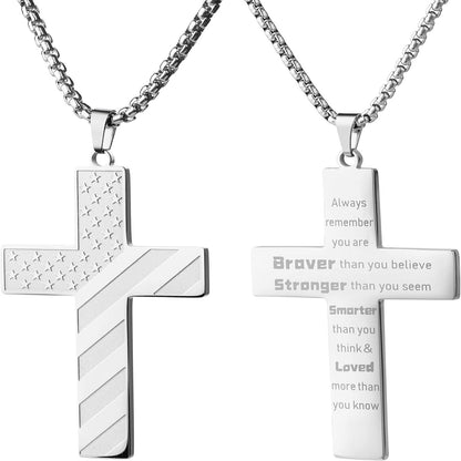 Cross Necklace with Bible Verse & American Flag Pendant